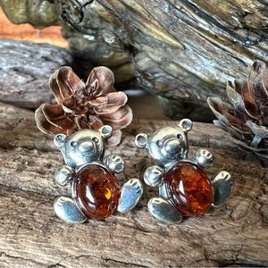 Baltic Sterling Silver Amber Earrings Teddy Bears Studs Cognac Honey Dark Orange